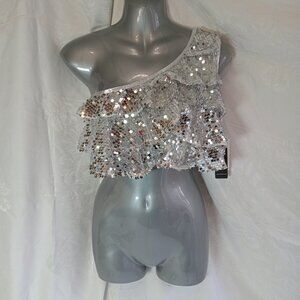 IEFiel Dance Ice Figure Skating Halter Top Ruffle Silver Sequins Size 16 New